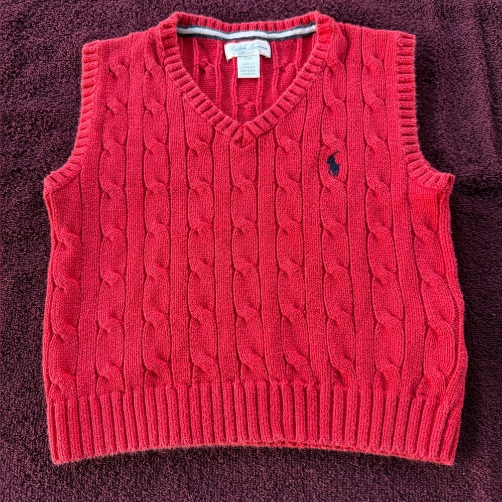 Ralph Lauren Cable Knit Vneck Baby 12M Pullover Vest Faded Red